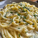 Close-up of spaghetti with spinach and cream cheese sauce.