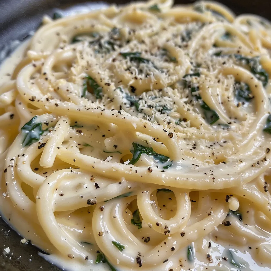 Side view of a plate of spaghetti ao molho de espinafre.