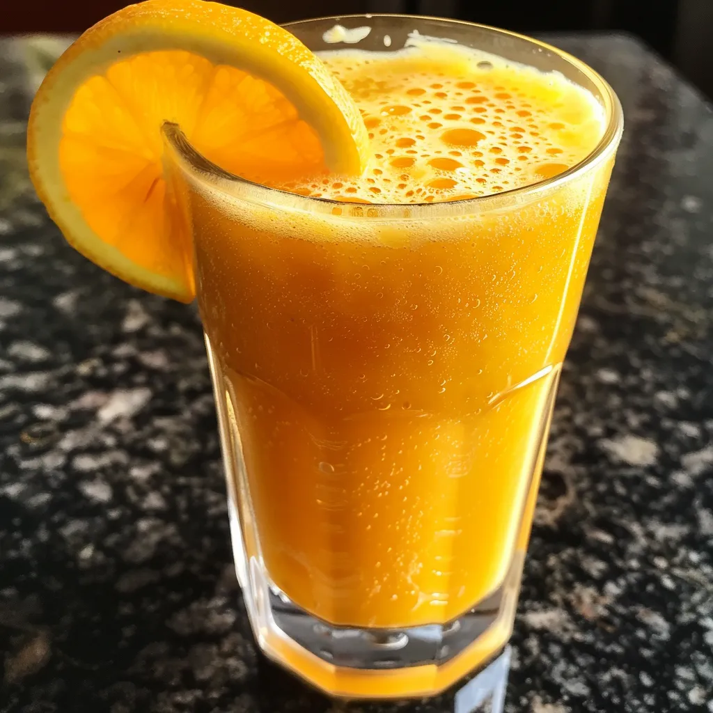 Side view of fresh carrot, ginger, and orange juice in a transparent glass.