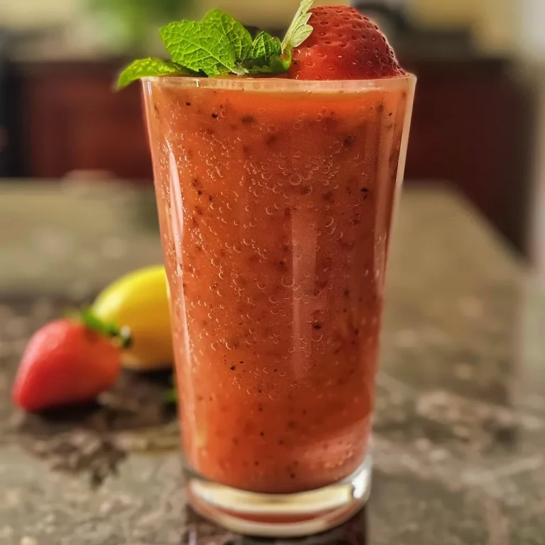 Refresque-se com um Delicioso Suco de Morango: Simples e Saboroso! Close-up of a glass of fresh strawberry juice with mint leaves, taken with an iPhone 15 Pro.