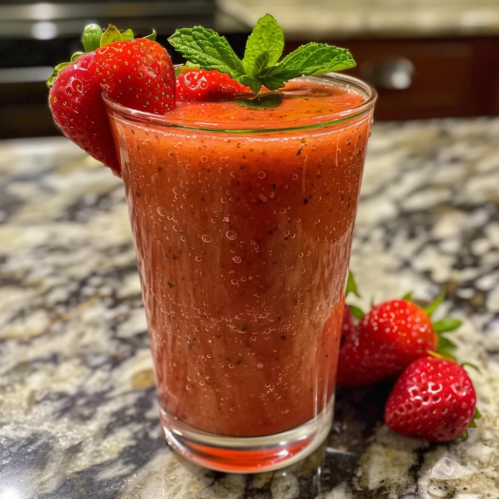 A side view of vibrant red strawberry juice in a clear glass, garnished with mint.