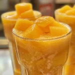 ['Copo de suco de pêssego com gelo e fatias de pêssego ao lado.', 'Suco de pêssego refrescante servido em copo com cubos de gelo.', 'Close-up de um copo de suco de pêssego, mostrando a textura e cor vibrante.', 'Vista lateral de um copo de suco de pêssego com pedaços de fruta ao redor.']