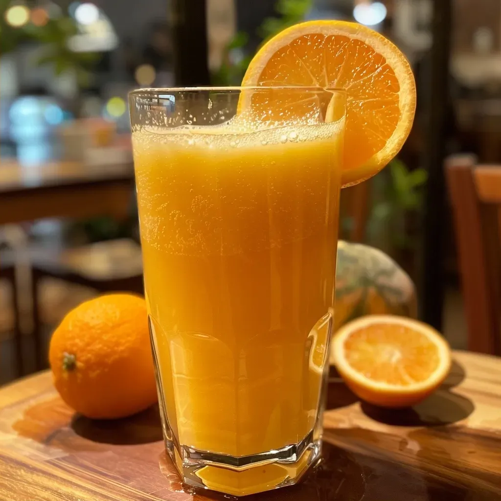 ['Copo de suco de pêssego com gelo e fatias de pêssego ao lado.', 'Suco de pêssego refrescante servido em copo com cubos de gelo.', 'Close-up de um copo de suco de pêssego, mostrando a textura e cor vibrante.', 'Vista lateral de um copo de suco de pêssego com pedaços de fruta ao redor.']