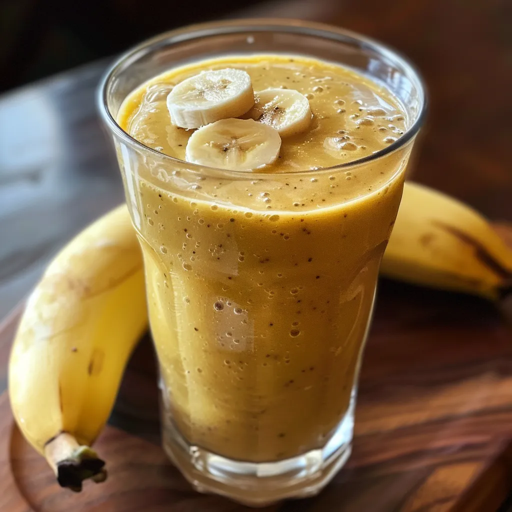 Side view of a creamy smoothie featuring papaya and banana, with ice and a straw.