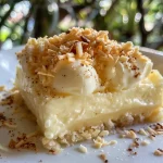 Pudim de coco cremoso em um prato, com cobertura branca e flocos de coco.