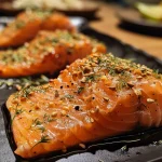 Salmon fillet crusted with nuts, showcasing a crispy texture.