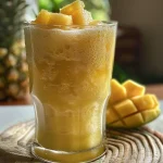 Foto em close de um copo de Suco de Abacaxi com Hortelã, mostrando fatias de abacaxi e folhas de hortelã.