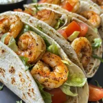 Wraps de camarão cajun com queijo parmesão em vista lateral, mostram ingredientes frescos.
