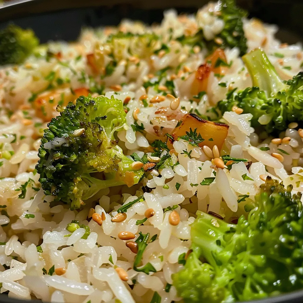 Porção de arroz com vegetais em primeiro plano, mostrando detalhes frescos.