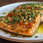 Close-up of grilled salmon fillet with colorful vegetables.