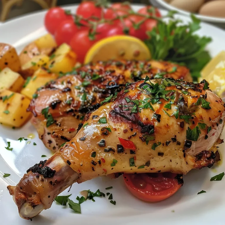 Frango assado inteiro com limão siciliano e ervas, visto de lado.