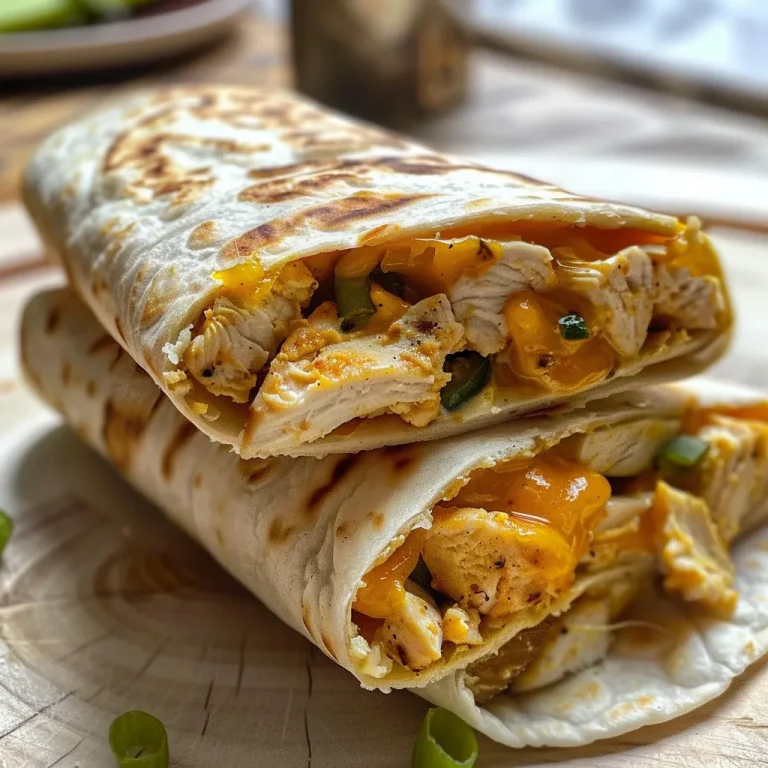 Wraps de Frango com Queijo: Praticidade e Sabor em Cada Mordida Close-up of a cheesy chicken wrap filled with chopped chicken and cheese.