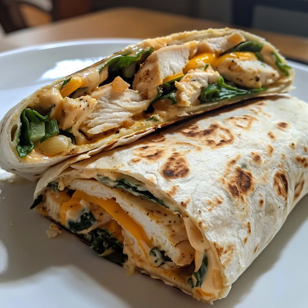 Side view of a deliciously wrapped chicken tortilla, showcasing melted cheese.