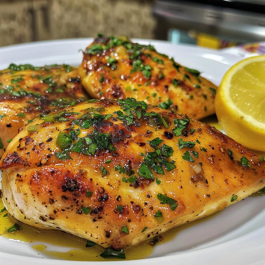 Close-up de sobrecoxas de frango cozinhadas com molho cremoso e limão.