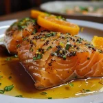 Close up de um prato de salmão coberto com molho de maracujá.