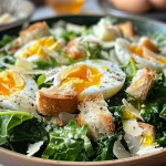 Salada Caesar com ovo pochê e croutons de alho e tomilho.