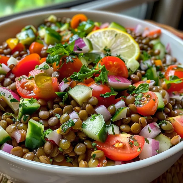 Close-up side view of a vibrant Mediterranean lentil salad with fresh vegetables.