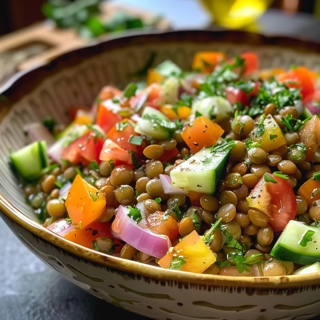 A colorful bowl of Mediterranean lentil salad featuring diced cucumber, tomato, and red onion.
