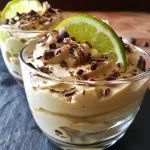 Mousse de limão com chocolate em uma taça, vista lateral, textura cremosa e rica.