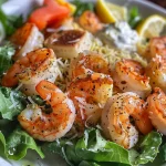 Salada Caesar de camarão com ingredientes frescos em um prato branco.