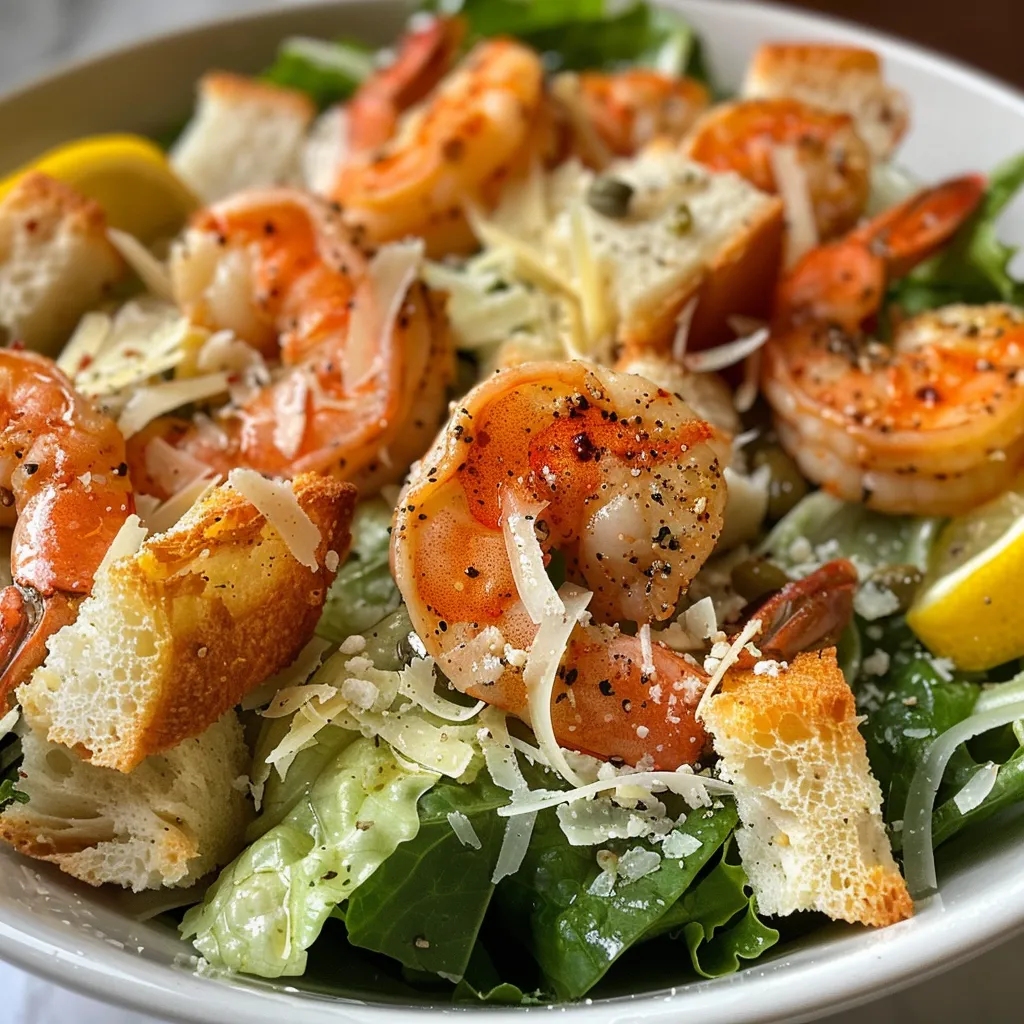 Close-up de uma salada Caesar com camarões, queijo parmesão e croutons.
