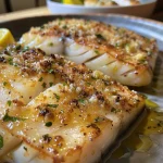 Close-up of a golden-brown tilapia fillet with a crispy crust, garnished with lemon zest.