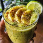 Close-up view of a creamy avocado and banana smoothie in a glass.