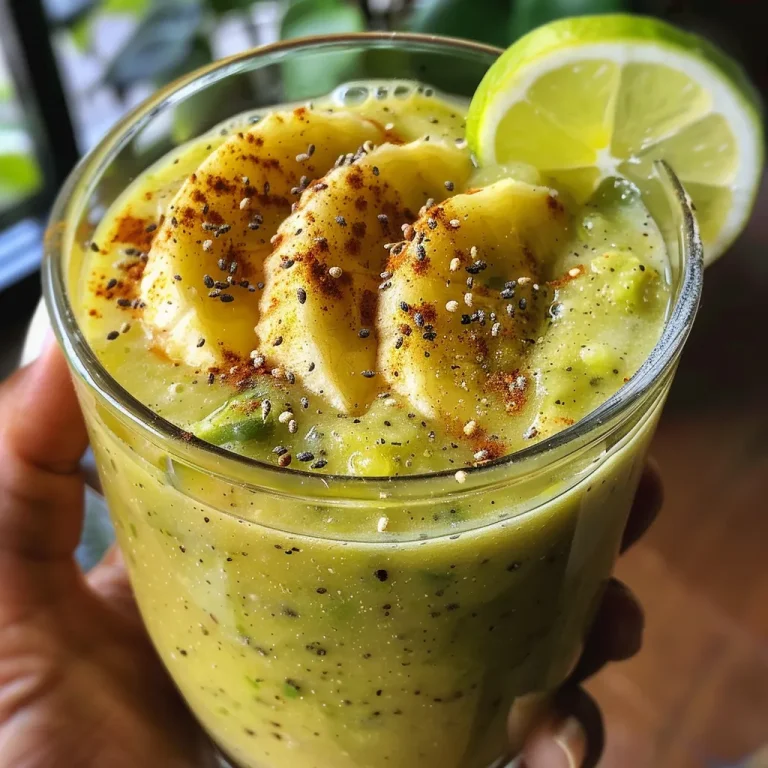 Close-up view of a creamy avocado and banana smoothie in a glass.