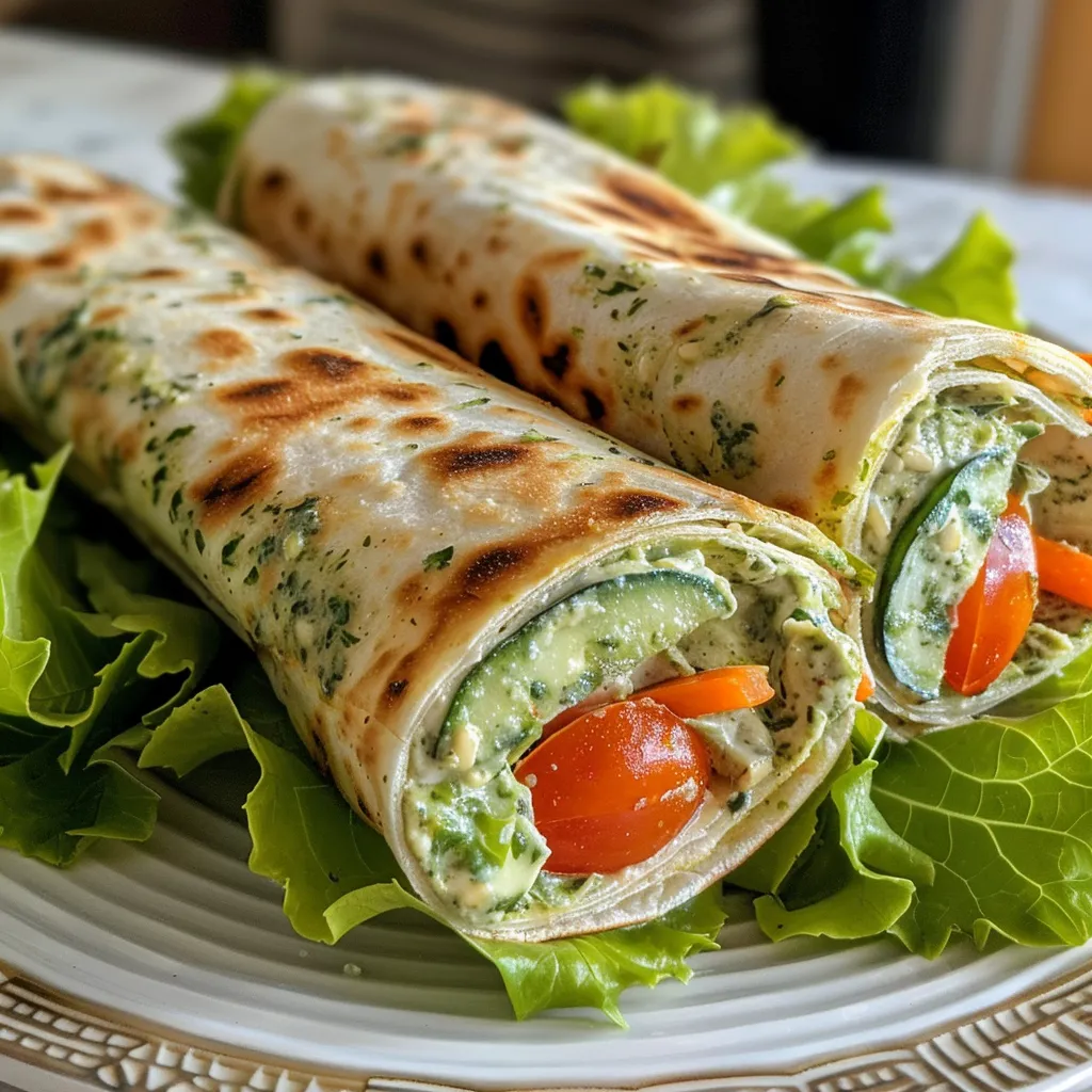 Close-up de um wrap vegetariano com alface, tomate e pepino, tirado com um iPhone.