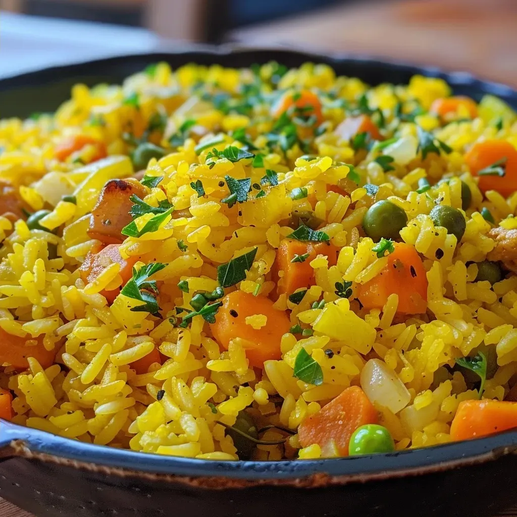 ['Prato de arroz com cúrcuma e legumes colorido.', 'Close de arroz amarelo com legumes frescos.', 'Porção de arroz com cúrcuma e diversos legumes.', 'Arroz com cúrcuma e legumes em um prato bonito.']