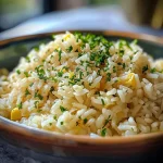 ['Close up de arroz com milho e manteiga em prato.', 'Arroz com milho cremoso, preparado com manteiga e alho.', 'Porção de arroz com milho e manteiga, decorado com ervas.', 'Arroz com milho e manteiga, visto de lado, com ingredientes frescos.']