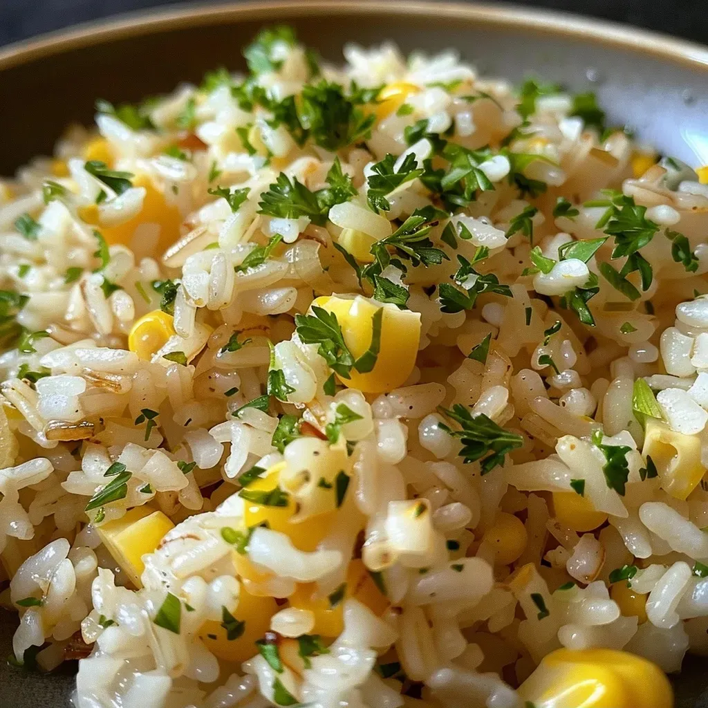['Close up de arroz com milho e manteiga em prato.', 'Arroz com milho cremoso, preparado com manteiga e alho.', 'Porção de arroz com milho e manteiga, decorado com ervas.', 'Arroz com milho e manteiga, visto de lado, com ingredientes frescos.']