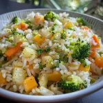 ['Close-up de arroz com vegetais coloridos.', 'Prato de arroz com brócolis, cenoura e calabacita.', 'Arroz branquíssimo servido com vegetais frescos em cubos.', 'Detalhe de um prato de arroz com vegetais saudáveis.']