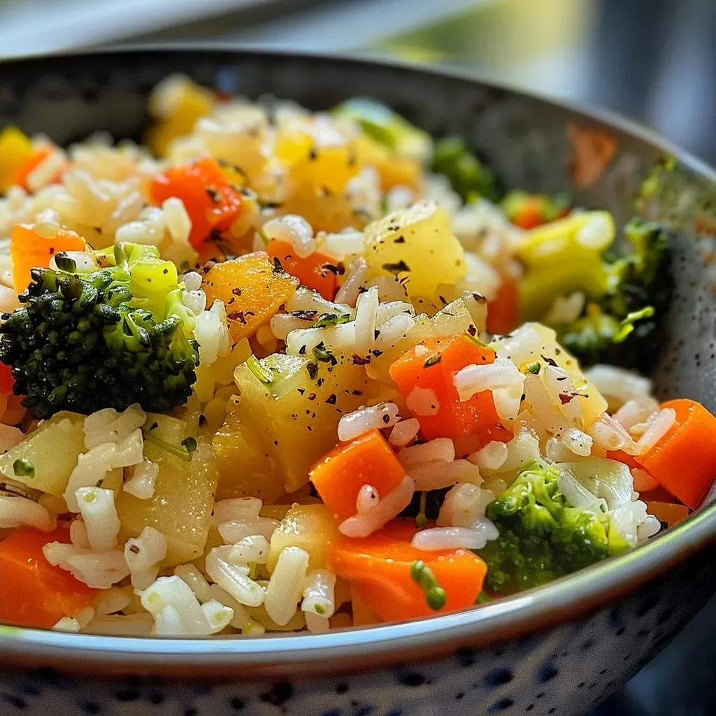 ['Close-up de arroz com vegetais coloridos.', 'Prato de arroz com brócolis, cenoura e calabacita.', 'Arroz branquíssimo servido com vegetais frescos em cubos.', 'Detalhe de um prato de arroz com vegetais saudáveis.']