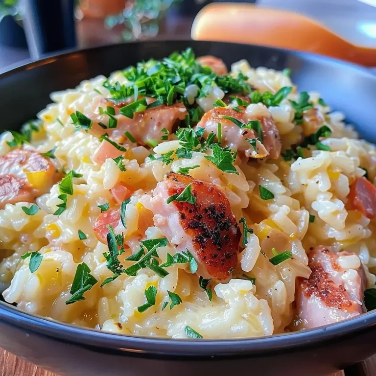 ['Arroz cremoso de abóbora com chouriço em um prato.', 'Close-up de arroz cremoso com abóbora e chouriço.', 'Prato de arroz com abóbora, chouriço e espinafre.', 'Detalhe de arroz cremoso de abóbora com pedaços de chouriço.']