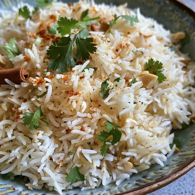['Prato de arroz de coco indiano com especiarias e ingredientes.', 'Close de arroz basmati cozido com coco e temperos.', 'Arroz aromático de coco indiano com pedaços de tomate e caju.', 'Prato colorido de arroz de coco com ervas e especiarias.']