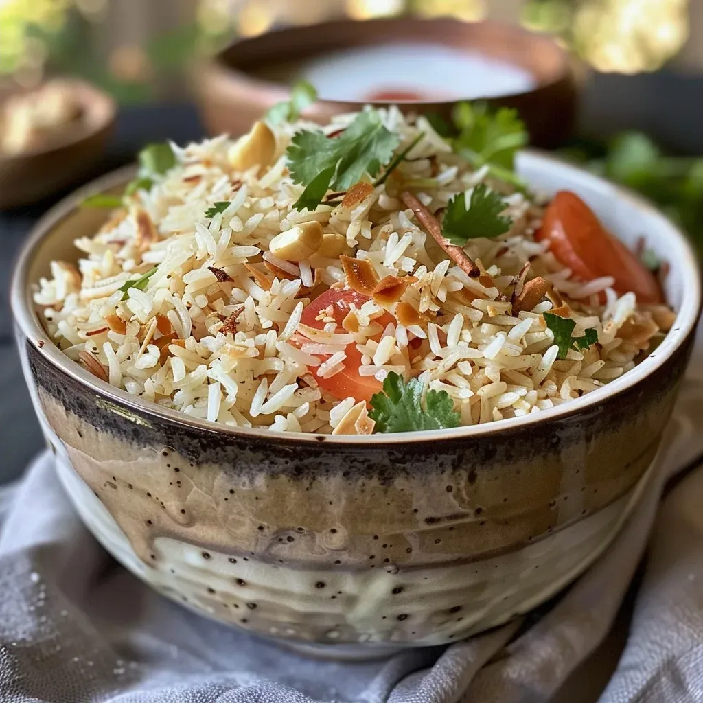 ['Prato de arroz de coco indiano com especiarias e ingredientes.', 'Close de arroz basmati cozido com coco e temperos.', 'Arroz aromático de coco indiano com pedaços de tomate e caju.', 'Prato colorido de arroz de coco com ervas e especiarias.']