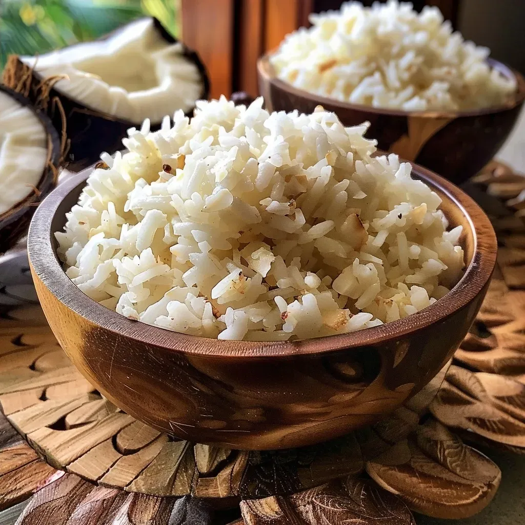 ['Prato de arroz de coco com textura cremosa e ingredientes visíveis.', 'Close de uma porção de arroz de coco, mostrando o coco ralado por cima.', 'Arroz de coco em uma tigela, com leite de coco e cebola em destaque.', 'Vista lateral de um prato de arroz de coco, com arroz soltinho e aromático.']