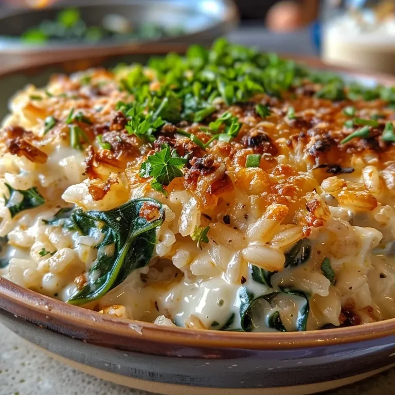 ['Prato de arroz de forno com espinafre e queijo.', 'Close de arroz de forno cremoso com vegetais e queijo derretido.', 'Arroz de forno com camadas de espinafre e queijo, servido em um prato.', 'Detalhe de arroz de forno com espinafre, milho e queijo gratinado.']