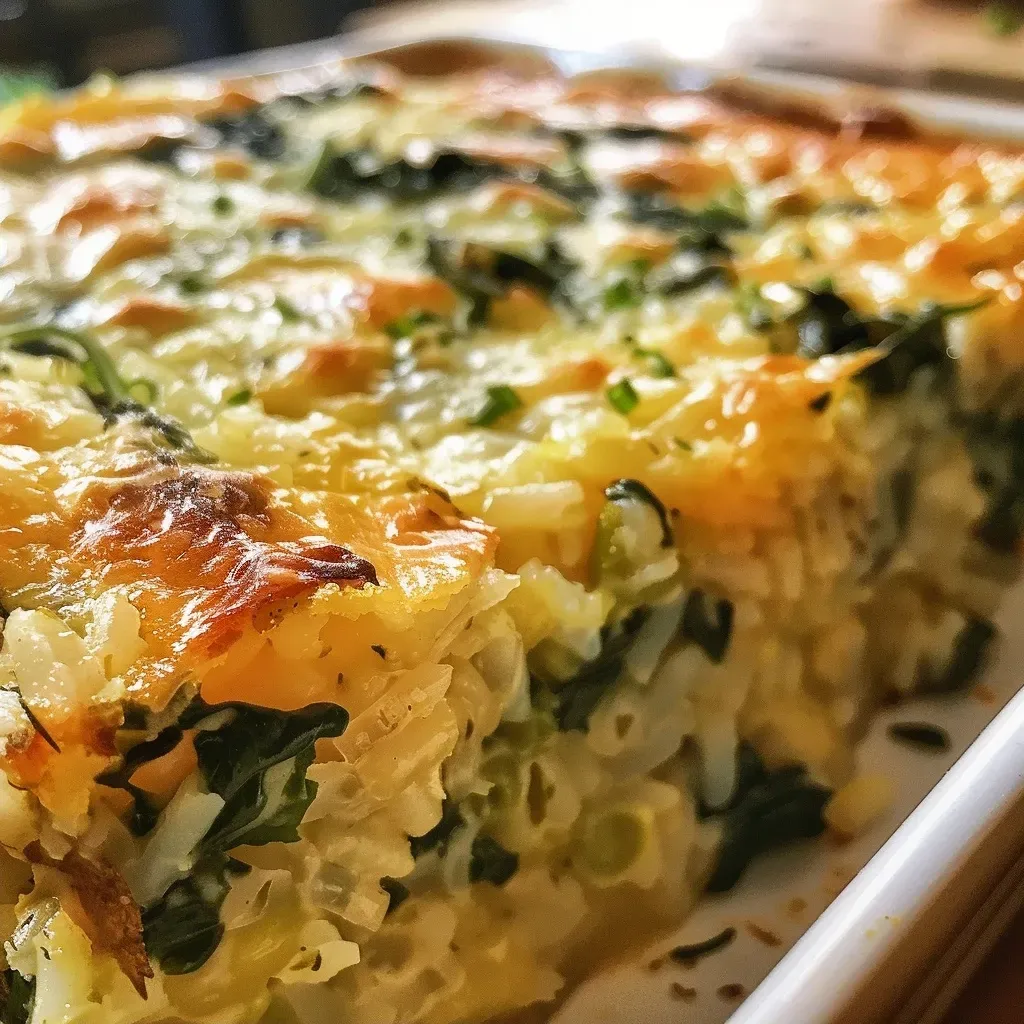 ['Prato de arroz de forno com espinafre e queijo.', 'Close de arroz de forno cremoso com vegetais e queijo derretido.', 'Arroz de forno com camadas de espinafre e queijo, servido em um prato.', 'Detalhe de arroz de forno com espinafre, milho e queijo gratinado.']