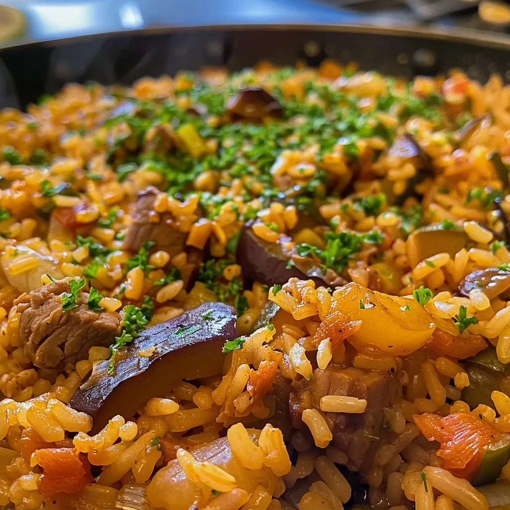 ['Prato de Arroz de Forno com Legumes coloridos e especiarias.', 'Close-up de Arroz de Forno com uma mistura vibrante de legumes.', 'Vista lateral do Arroz de Forno com textura suculenta e ingredientes frescos.', 'Arroz de Forno com legumes variados em uma apresentação apetitosa.']