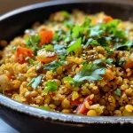 ['Prato de arroz de lentilhas com abóbora e brócolos.', 'Arroz colorido com lentilhas, abóbora e brócolos.', 'Close-up de arroz de lentilhas com legumes frescos.', 'Prato saudável de arroz com lentilhas, abóbora e brócolos.']