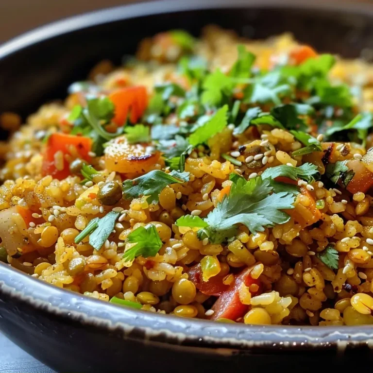 ['Prato de arroz de lentilhas com abóbora e brócolos.', 'Arroz colorido com lentilhas, abóbora e brócolos.', 'Close-up de arroz de lentilhas com legumes frescos.', 'Prato saudável de arroz com lentilhas, abóbora e brócolos.']