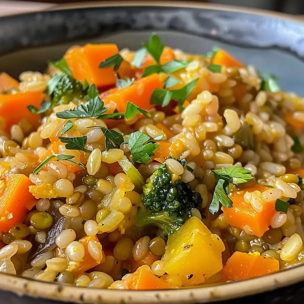 ['Prato de arroz de lentilhas com abóbora e brócolos.', 'Arroz colorido com lentilhas, abóbora e brócolos.', 'Close-up de arroz de lentilhas com legumes frescos.', 'Prato saudável de arroz com lentilhas, abóbora e brócolos.']