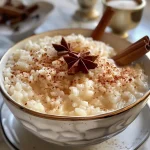 ['Close-up de arroz doce cremoso servido em uma tigela.', 'Arroz doce cremoso, com textura suave e polvilhado com canela.', 'Tigela de arroz doce cremoso com brilho apetitoso e decoração de canela.', 'Detalhe de arroz doce cremoso, destacando sua cremosidade e sabor.']