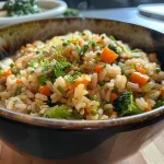 ['Prato de arroz integral com legumes coloridos.', 'Close-up de arroz integral salteado com cenoura e pimentão.', 'Arroz integral com milho e vegetais frescos.', 'Mistura vibrante de arroz integral e legumes saudáveis.']