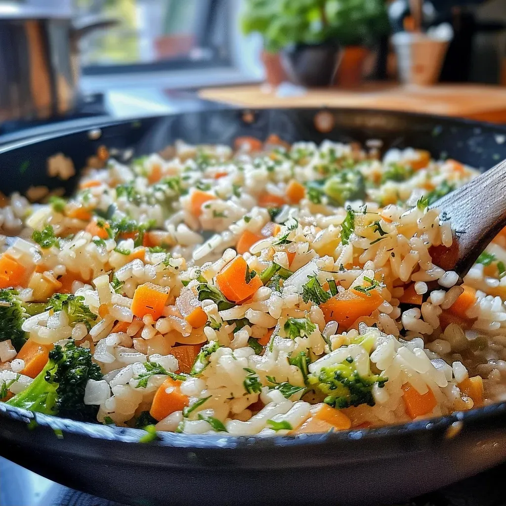 ['Prato de arroz integral com legumes coloridos.', 'Close-up de arroz integral salteado com cenoura e pimentão.', 'Arroz integral com milho e vegetais frescos.', 'Mistura vibrante de arroz integral e legumes saudáveis.']