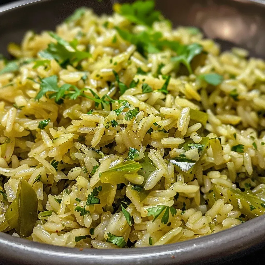 ['Close-up de arroz verde mexicano com pimentões e coentro.', 'Arroz verde servido em um prato, decorado com limão e pimentões.', 'Prato de arroz verde com ingredientes frescos ao lado.', 'Detalhe do arroz verde, mostrando a textura e cores vibrantes.']