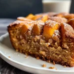 ['Bolo de pêssego saudável com textura macia e fatias suculentas.', 'Close-up de um pedaço de bolo de pêssego saudável, mostrando sua umidade.', 'Fatias de bolo de pêssego saudável, com pedaços de fruta visíveis.', 'Vista lateral de um bolo de pêssego saudável, destacando sua massa fofa.']