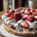 ['Bolo de proteína sem farinha com morangos frescos.', 'Close-up de um bolo de proteína sem farinha decorado com morangos.', 'Lado de um bolo de proteína sem farinha, coberto com morangos suculentos.', 'Bolo de proteína sem farinha em destaque, com morangos na superfície.']